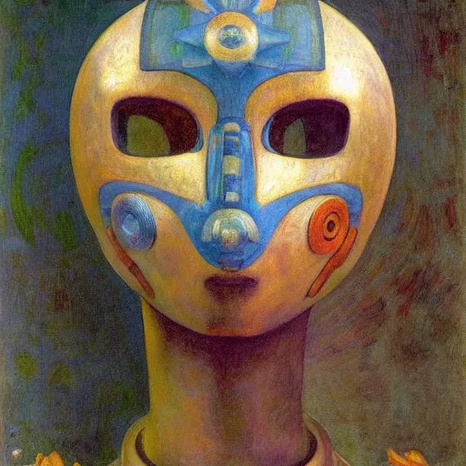 Prompt: the mechanical robot in her floral mask, by annie swynnerton and diego rivera, and nicholas roerich and jean delville, symbolist, dramatic lighting, elaborate geometric ornament, art brut, soft cool colors, smooth, sharp focus, extremely detailed, adolf wolfli