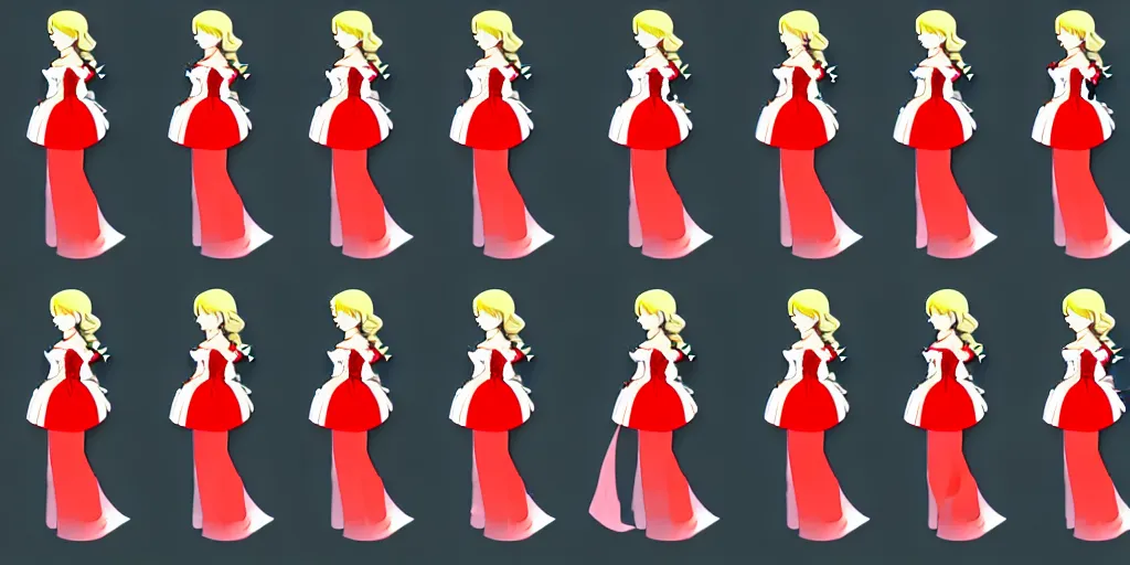 Image similar to walking cycle sprite sheet of a girl in a renaissance dress, walking to the right, each sprite is a different frame of the animation, in the style of final fantasy games, side view of her taking steps, accurate walk cycle, walk cycle, walk cycle, red and white dress