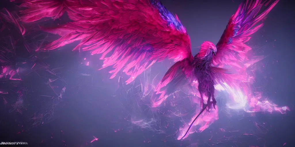 Prompt: a photo of 8k ultra realistic pink and blue phoenix in a dark room, ornate, cinematic lighting, trending on artstation, 4k, hyperrealistic, focused, high details, unreal engine 5, cinematic, masterpiece