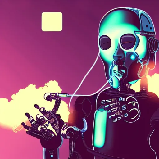 Prompt: a cyborg robot smoking an electronic pipe