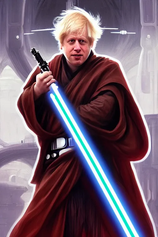 Image similar to Boris Johnson as a Jedi from Star Wars, Union Jack light saber, realistic portrait, symmetrical, highly detailed, digital painting, artstation, concept art, smooth, sharp focus, illustration, cinematic lighting, art by artgerm and greg rutkowski and alphonse mucha