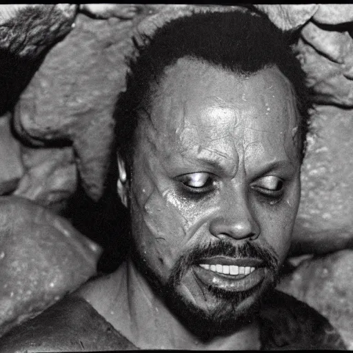 Image similar to photo inside a cavern of a wet reptilian humanoid charles mingus partially hidden behind a rock, with black eyes, open mouth and big teeth