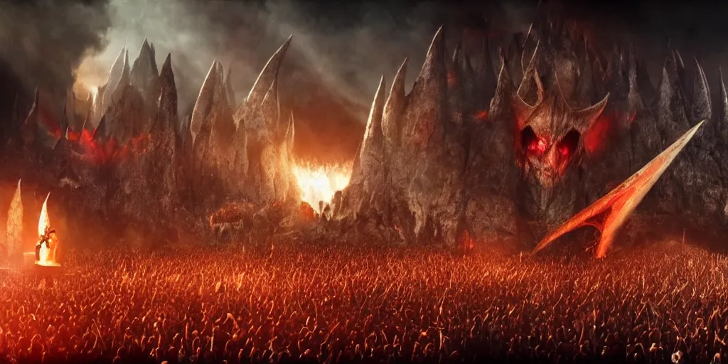 Prompt: Sauron playing guitar in a rock concert to a crowd of 5000 orcs in Mordor, epic, realistic, 8k resolution, detailed, cinematic lighting, cinematic