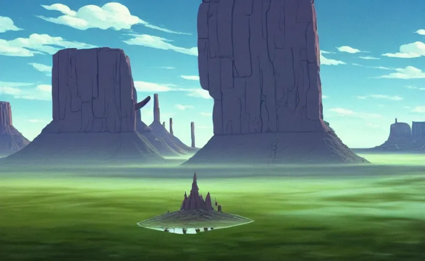 Prompt: a scary hyperrealist painting of a rocketship in a giant transparent forcefield from howl's moving castle ( 2 0 0 4 ) in a flooded monument valley stonehenge jungle. depth perception, 4 k, artstation, in the style of studio ghibli