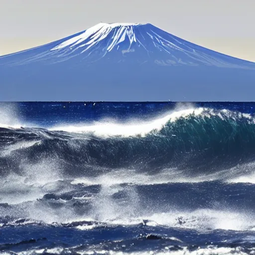 Image similar to Photo of a Giant Wave with mount fuji in the background, wave larger than mount fuji, mount fuji in the distance, highly detailed