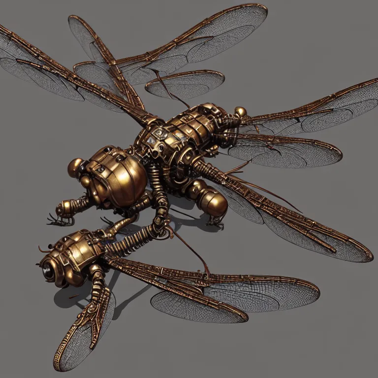 Image similar to steampunk robot dragonflies, 3 d model, unreal engine realistic render, 8 k, micro detail, intricate, elegant, highly detailed, centered, digital painting, artstation, smooth, sharp focus, illustration, artgerm, wlop