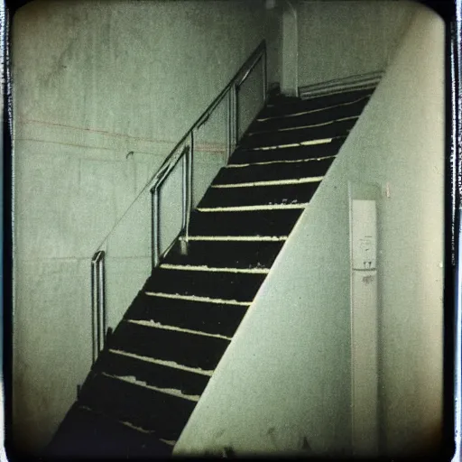 Image similar to a humanoid creature at the bottom of a stairwell, dark!, creepy, nightmare fuel!!!, unsettling, uncanny valley!, old polaroid, expired film,