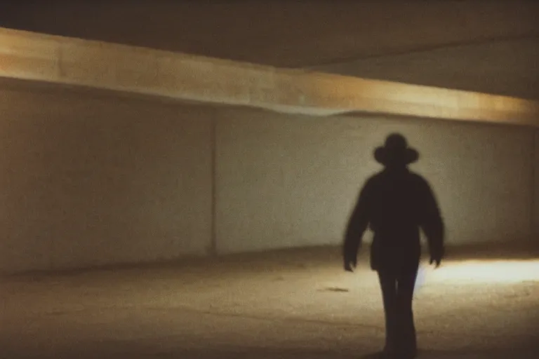 Image similar to shadowed figure with a low glow, inside of an badly lit 1970s parking garage, ektachrome photograph, volumetric lighting, f8 aperture, cinematic Eastman 5384 film