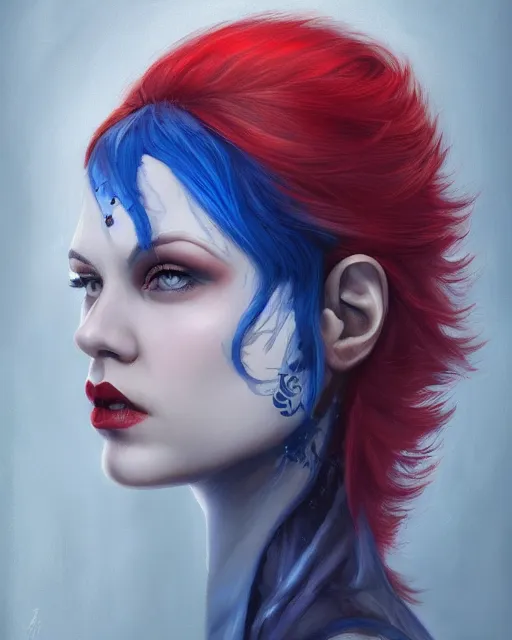 Image similar to A detailed matte oil on canvas head on symmetrical portrait of a distinguished elven woman with split red and blue hair on an empty background, by Charlie bowater, Wlop, trending on artstationhd, dungeons and dragons art, parted hair , half blue, half red , split dye, critical role