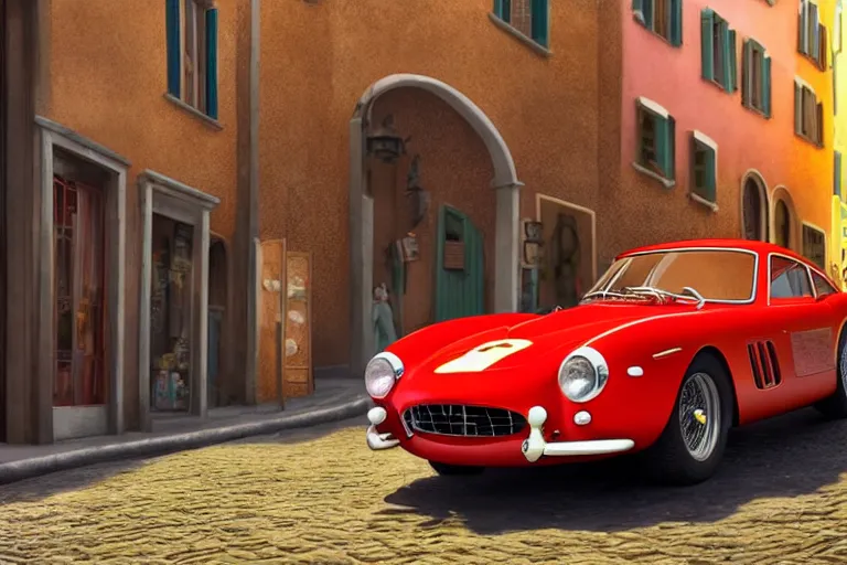 Image similar to a wholesome animation key shot of!! one!! focused!! ferrari 2 5 0 gt!! in beautiful cinque terre italy street, medium shot, studio ghibli, ( pixar ) and disney animation, sharp, very detailed, high resolution, rendered in unreal engine 5, anime key art by greg rutkowski, bloom, dramatic lighting