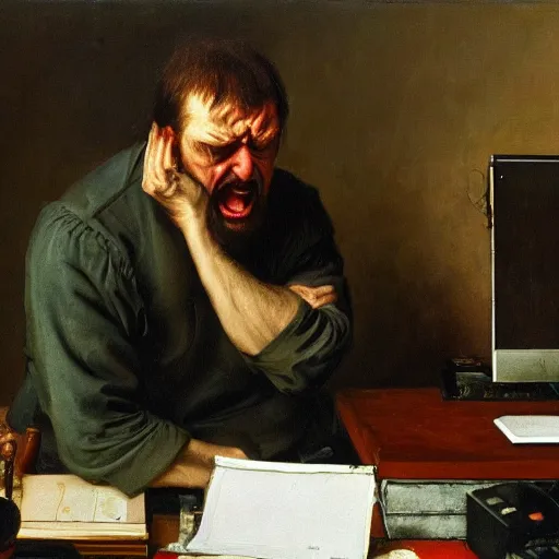 Image similar to an angry man yells at his computer monitor, oil on canvas, 1 8 8 3, highly detailed, high resolution