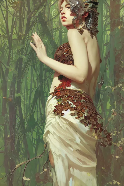 Prompt: full body portrait of forest queen akimbo highly detailed, digital painting, artstation, concept art, smooth and sharp focus, illustration, art by tian zi and wlop and alphonse mucha