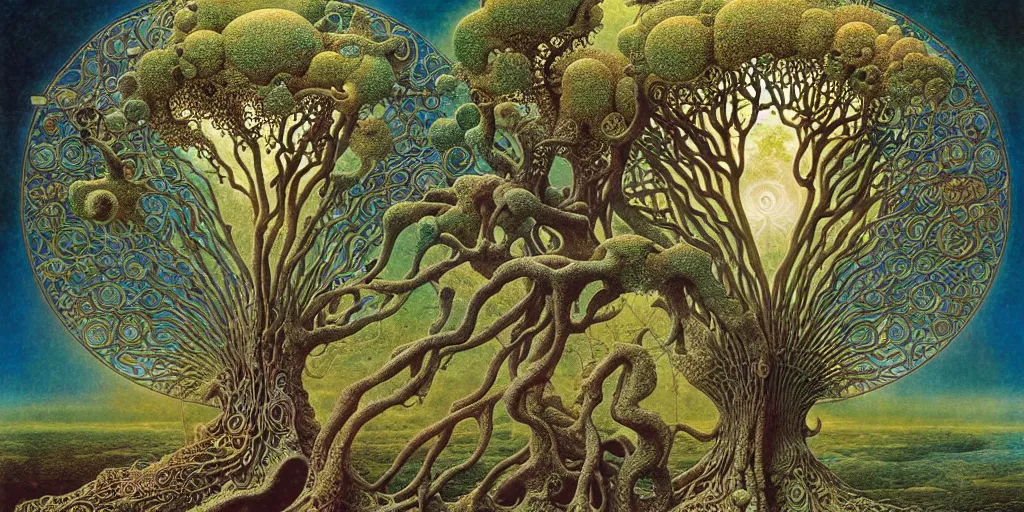 Image similar to tree of life by roger dean and andrew ferez, art forms of nature by ernst haeckel, divine chaos engine, symbolist, visionary, art nouveau, botanical fractal structures, organic, detailed, realistic, surreality