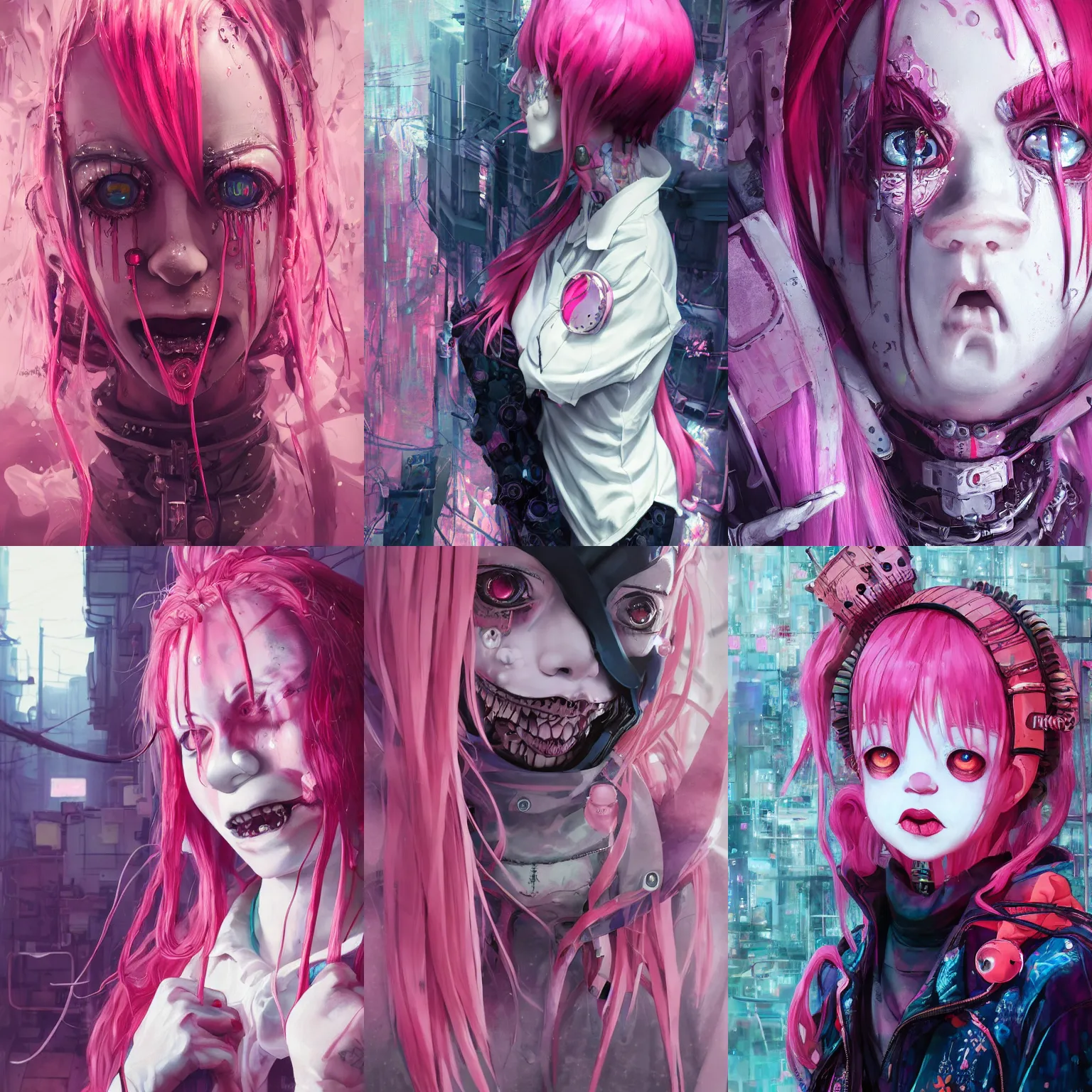 Image similar to by kyoto animation, very creepy clown girl pink hair, tears from the eyes, wearing cyberpunk intricate streetwear, beautiful, detailed portrait, intricate complexity, ilya kuvshinov, cell shaded, 4 k, concept art, by wlop, ilya kuvshinov, greg rutkowski, sharp focus, volumetric lighting, cinematic lighting