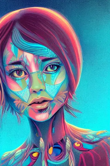 Prompt: little girl character inspired in indigenous and blue arara, digital art by ruan jil and lois van baarle highly detailed, anatomically correct, symmetrical, experimental design, extremely coherent, psychedelic background p