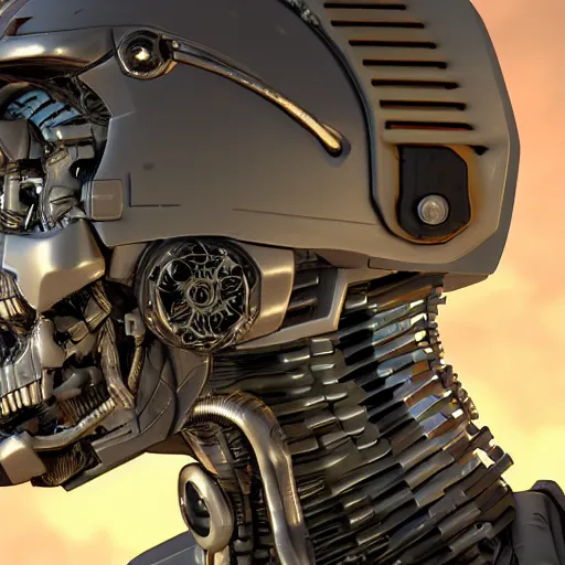 Image similar to closeup on the head of a terminator with borg enhancements, cameras for eyes, open head and all components and gears are visible inside, ultra detailed 8k. There is a dystopian city in the background. Rendered with unreal 5 engine with ray tracing and tessellation