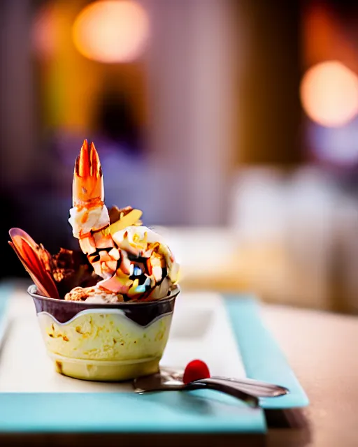 Image similar to dslr food photograph of an ice cream desert with a shrimp on. 8 5 mm f 1. 4