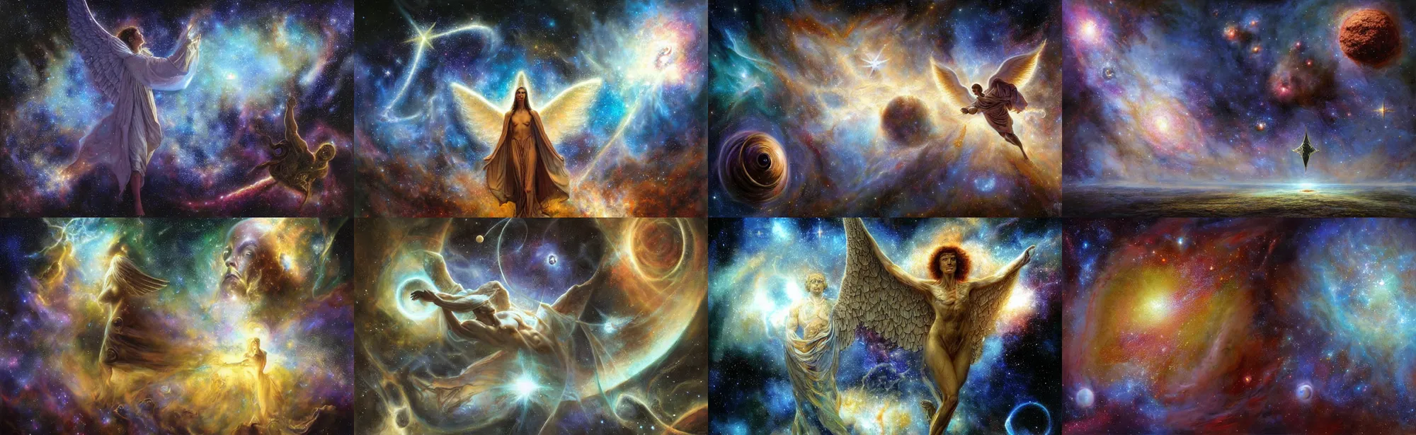 Prompt: human design, organic, angels, tarro, fractal, hermes trismegistus, sacred geometry, stars, galaxy, milkyway, hubble photo, realistic photo, big nebula as clover, hyper realistic, detailed, art by james gurney and greg rutkowski, surrealism by salvador dali