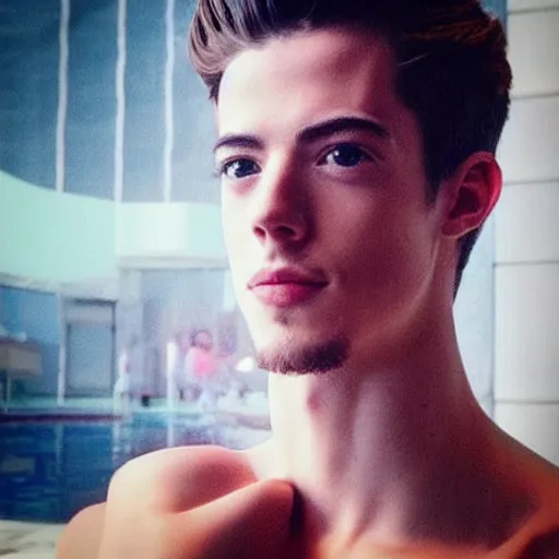 Image similar to “a realistic detailed photo of a guy who is an attractive humanoid who is half robot and half humanoid, who is a male android, actor Grant Gustin, shiny skin, posing like a statue, blank stare, by the pool, on display”