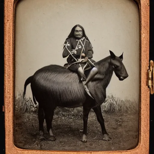 Image similar to Daguerreotype of a Cherokee Chief riding a large Malayan tapir