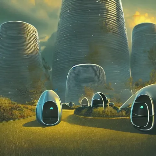 Prompt: beautiful happy picturesque charming organic futuristic sci - fi town of pod homes integrated in nature. beautiful light. grainy and rough. soft colour scheme. beautiful artistic vector graphic design art by lurid. ( 2 0 2 2 )