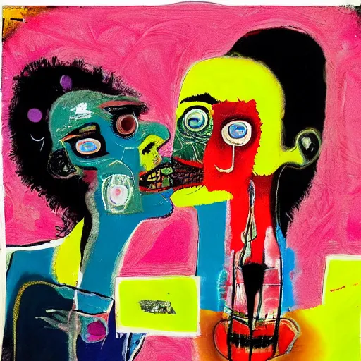 Image similar to beautiful painting of two bizarre psychedelic goth women kissing each other closeup in a cafe in japan, speculative evolution, mixed media collage by basquiat and jackson pollock, magazine collage art, sapphic art, lesbian art