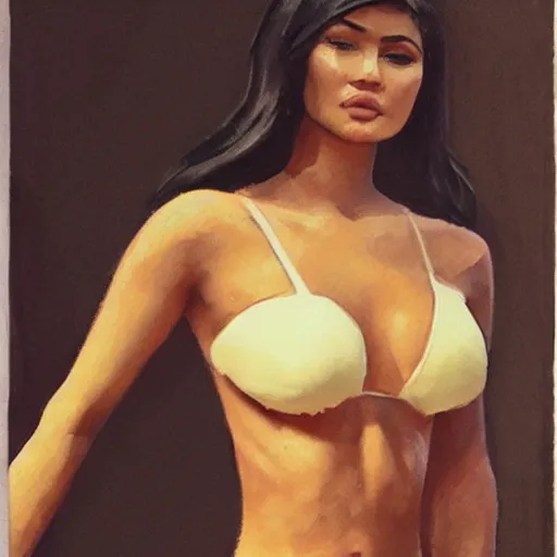 Prompt: a photo of kylie jenner fit body by anders zorn, tan skin highly detailed full body