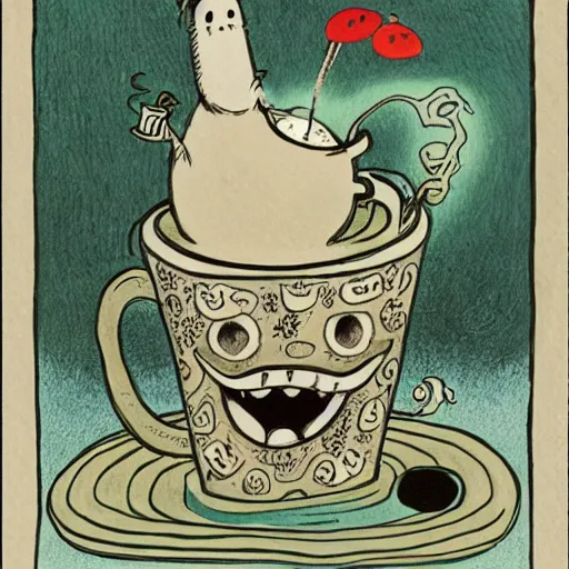 Image similar to highly detailed illustration of a monster smiling and dancing around a beautiful steaming cup of coffee, style of Japanese illustration, Maurice Sendak, Tove Jansson