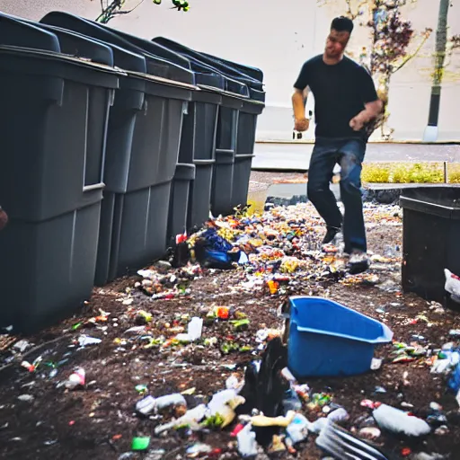 Prompt: A photo of a guy throwing out a bunch of forks into a trash can. Taken with a Canon EOS 5D.