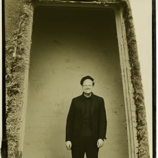 Image similar to san francisco, strawberry hill, post - nuclear city in background, man standing in front of bunker door, tintype photograph