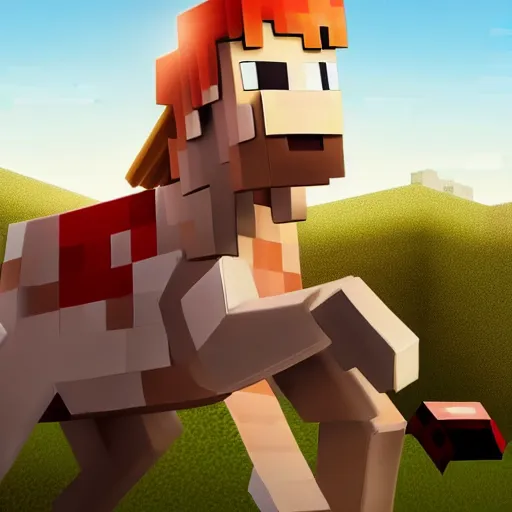 Image similar to cute hyperrealistic annie leonhart riding a minecraft horse in minecraft, beautiful face, pale skin, rule of thirds, cinematic lighting, rainy weather, melancholy atmosphere, sharp focus, backlit, stunning, smooth, hard focus, full body shot, instagram photo, shot on sony a 7 iii, hyper realistic