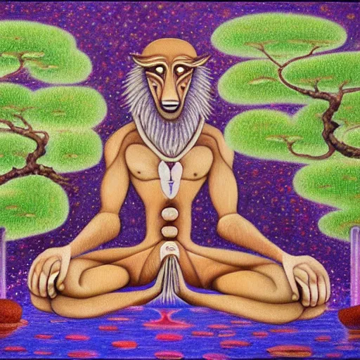 Prompt: an anthromorphic wolf man meditating in a zen garden with a waterfall, by amanda sage in a psychedelic style, oil on canvas