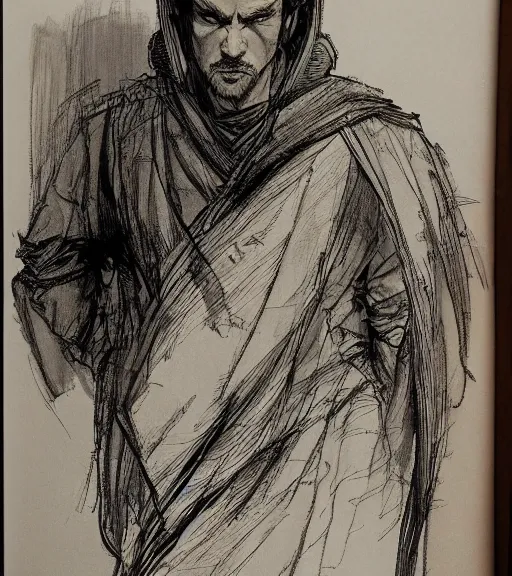 Image similar to portrait of man with blond ponytail hair wearing black robes, pen and ink, intricate line drawings, by craig mullins, ruan jia, kentaro miura, greg rutkowski, loundraw