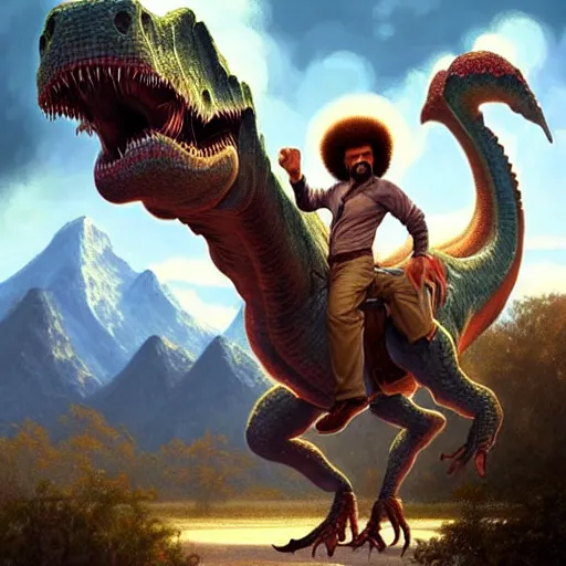 Image similar to bob ross!!! riding!!! a dinosaur!!, giant afro!, model pose, ultra realistic, concept art, intricate details, highly detailed, photorealistic, octane render, 8 k, unreal engine. art by artgerm and greg rutkowski and alphonse mucha