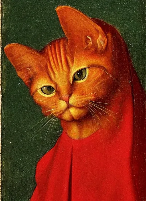Prompt: red devil cat, Medieval painting by Jan van Eyck, Hieronymus Bosch, Florence