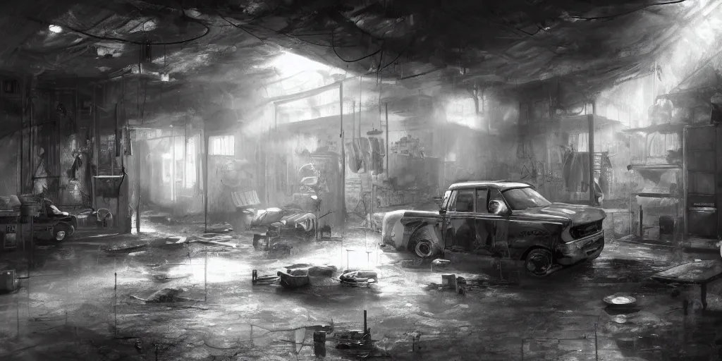 Image similar to mechanic garage interior inside an African favela, broken light from small hole in ceiling, high contrast, metal sheets with chipped paint for walling, shelves, spare parts, van under construction, wide angle lens, movie shot, trending on Artstation, highly detailed, moody atmospheric, hazy, style of Craig Mullins,