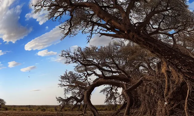 Image similar to panorama of big raindrops flying upwards into the perfect cloudless blue sky from a dried up river in a desolate land, dead trees, blue sky, hot and sunny highly-detailed, elegant, dramatic lighting, artstation, 4k, cinematic landscape, photograph by National Geographic