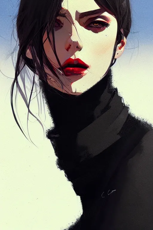 Image similar to a ultradetailed portrait painting of a stylish woman in a black turtleneck by conrad roset, greg rutkowski and makoto shinkai trending on artstation