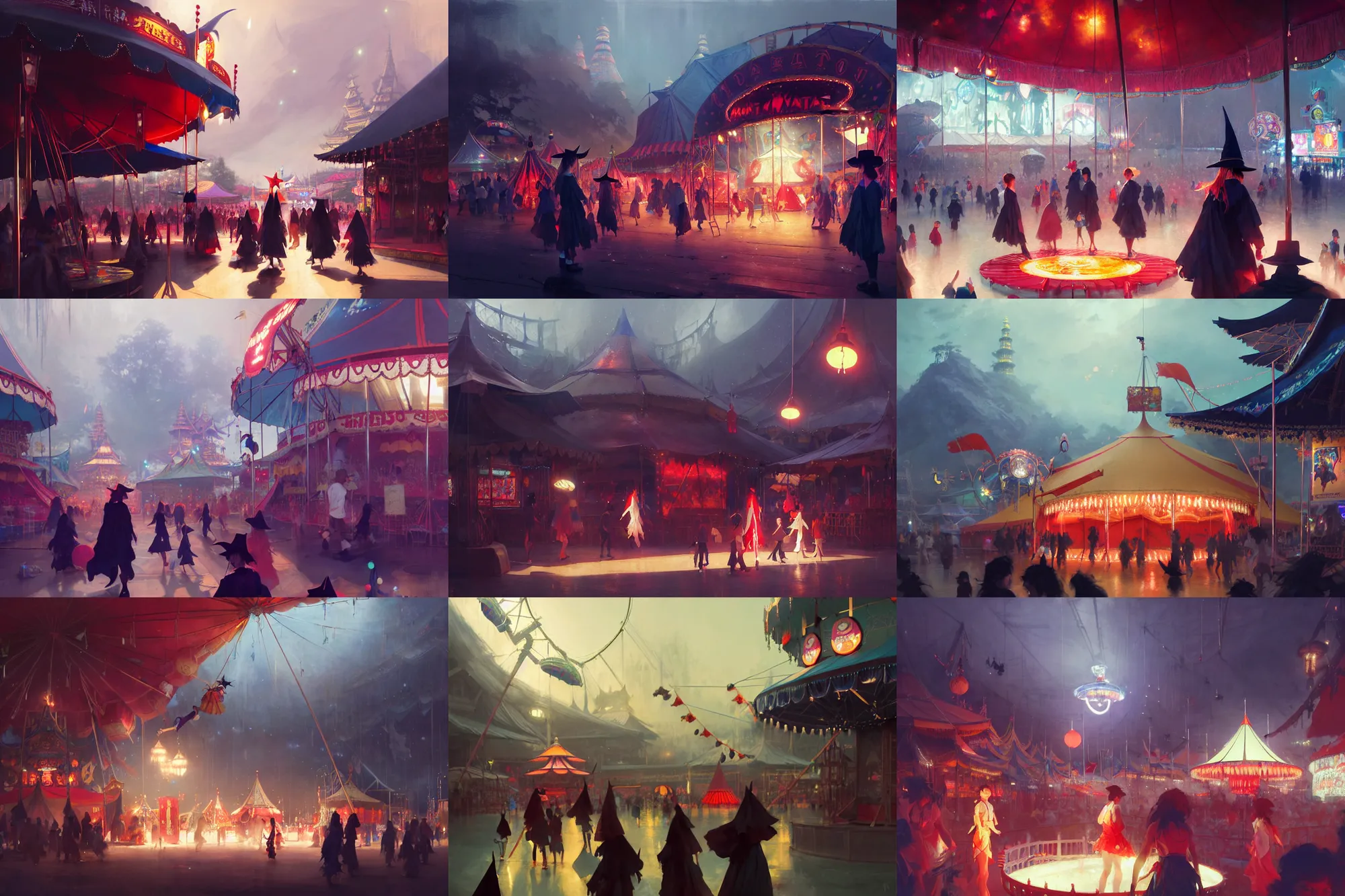 Image similar to close - up of student witches exploring small carnival amusement, food stalls, big top circus tent, roaming entertainers, flashing lights, highly detailed, magical, japan mountains, digital painting, concept art, matte, art by ruan jia and wlop and greg rutkowski and makoto shinkai, masterpiece
