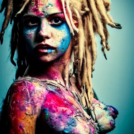 Image similar to astonishingly beautiful woman in tattered clothes revealing body, blonde detailed dreadlocks, make up, vivid colors, hyper detailed, photorealistic, canon eos, photo real