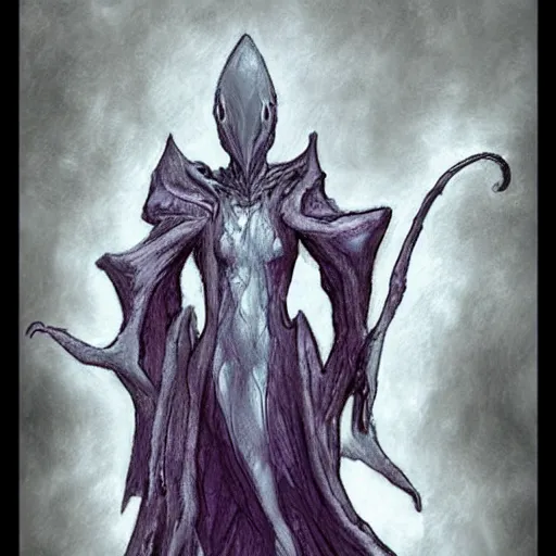 Image similar to concept designs for an ethereal wraith like figure with a squid for a head that has latched onto a human host and wearing a cloak like a bat that floats around collecting vials and jars for unknown reasons like a crow would and that hides amongst the shadows for the resident evil game franchise with inspiration from the franchise Bloodborne and the mind flayer from stranger things on netflix