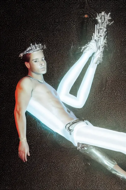 Prompt: full-body rococo and cyberpunk style neon statue of a young attractive Ricky Martin macho dotado e rico android sim roupa reclining con las piernas abertas e la piroca dura, glowing white lasers, glowing eyes, silver prince crown, silver steampunk gears, white diamonds, swirling mint-colored silk fabric. futuristic elements. ethereal white dripping tar. full-length view. space robots. human skulls. large white balloon animals. intricate artwork by caravaggio. Trending on artstation, octane render, cinematic lighting from the right, hyper realism, octane render, 8k, depth of field, 3D