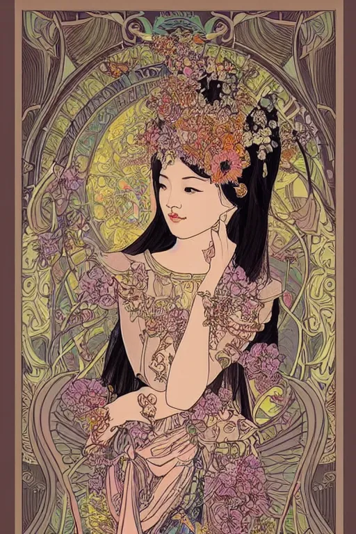 Image similar to A beautiful and detailed intricate ink illustration of beautiful of thai princess by kittichai rueangchaichan, angelic, floralpunk, Artstation, art nouveau aesthetic, in the style of Alphonse Mucha background, realistic, dramatic, heavenly atmosphere