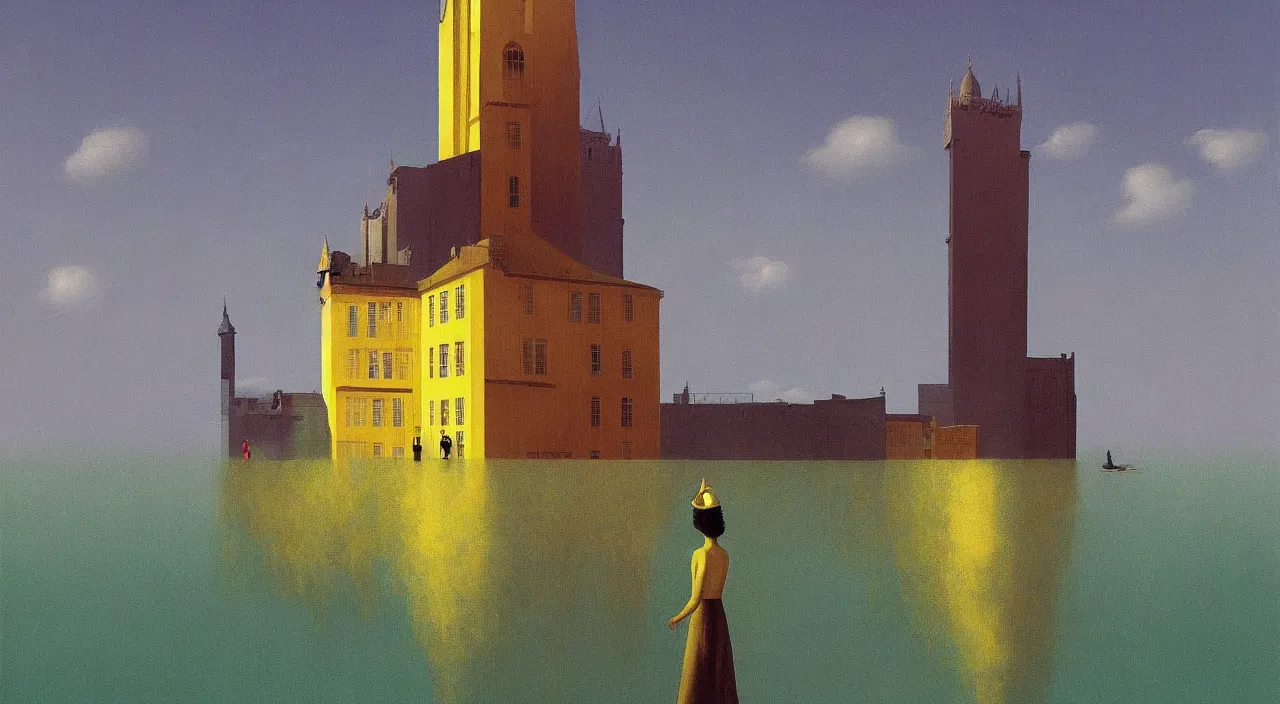 Prompt: single flooded simple golden tower, very coherent and colorful high contrast!! masterpiece by rene magritte simon stalenhag carl spitzweg syd mead norman rockwell edward hopper james gilleard, surrealism!, minimalist, dark shadows, sunny day, hard lighting