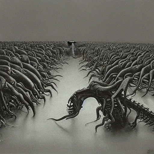 Prompt: a horde of alien clawed creatures arise from a flooded street in a deserted city by zdzisław beksinski and h. r giger