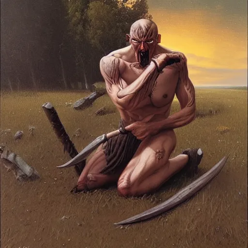 Image similar to Scandinavian berserker on his knees by Gerald Brom