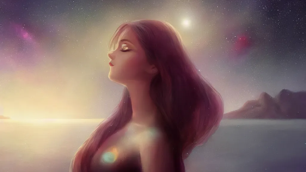 Image similar to whimsical, a single beautiful playful woman, wearing professional makeup, standing in a lake, under the stars, with a binary black hole with a ring in the sky, by Lois van Baarle, by Greg Rutkowski, by artgerm, by ross tran, cinematic angle, face enhance, volumetric lighting, cinematic lighting, digital art, 4k resolution, octane render, trending on artstation, masterpiece