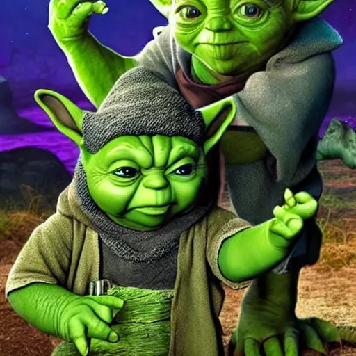 Prompt: yoda training shrek with lightsabers in swamp with donkey watching colorful detailed 1 2 0 k ultra hyper wow very very