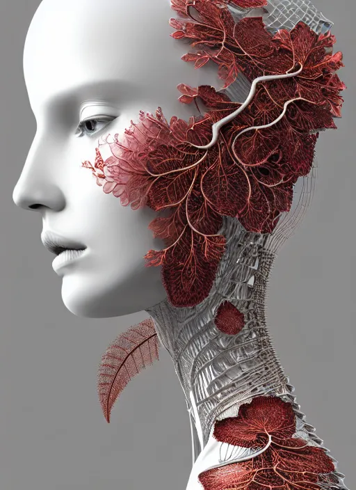 Image similar to complex 3d render ultra detailed of a beautiful porcelain profile woman face, mechanical vegetal cyborg, 150 mm, beautiful studio soft light, rim light, silver gold red details, magnolia big filigran leaves and stems, roots, Alexander Mcqueen haute couture, fine foliage lace, mesh wire, filigran metallic intricate details, hyperrealistic, mandelbrot fractal, anatomical, silver metal armor, facial muscles, cable wires, microchip, elegant, white background, beautiful white teeth, octane render, H.R. Giger style, 8k