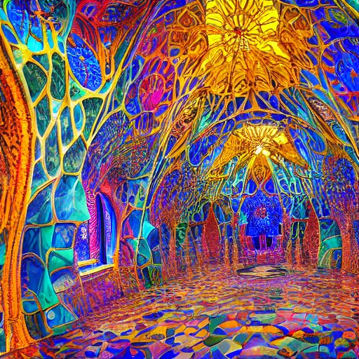 Image similar to visionary architecture by antoni gaudi, john stephens, alex gray, lisa frank